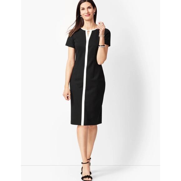 TALBOTS PONTE KNIT DRESS SIZE 6-BLACK-IVORY TRIM-BACK ZIP & SLIT-SHORT SLEEVES - Picture 1 of 11